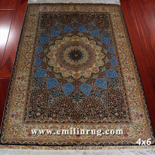 4X6 Blue Iran Persian Qum Design Handmade Hand Knotted 100% Pure Silk Carpet Rug